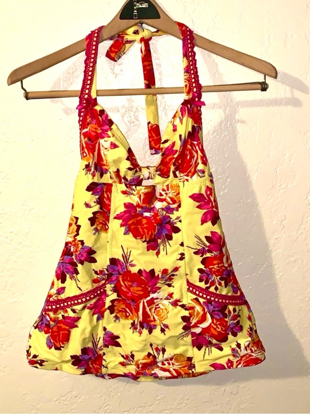 Vintage Y2K Betsey Johnson Chez Rose Tankini Halter Top S NWOT Yellow Pink USA